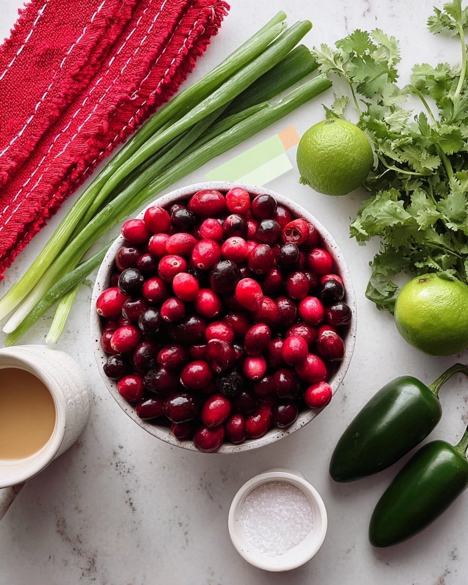 A white bowl filled with bright red and dark red cranberries sits on a white marbled surface. Around the bowl, there are fresh green onions with long green stalks on the left, two whole and one halved green lime below them, and two dark green jalapeño peppers above to the right. On the far right, a bunch of fresh green cilantro leaves rests next to a small white bowl filled with coarse white salt. Near the bottom left corner, there is a cup with a beige-colored liquid inside. A red cloth with white stitching edges is partially visible in the top left corner. Photo taken with an iphone --ar 4:5 --v 7