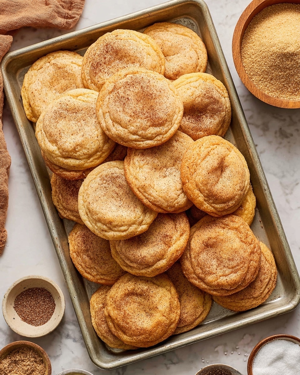 A baking tray is filled with a pile of golden brown cookies with a slightly cracked, soft texture. The cookies are stacked mostly in two layers, overlapping each other, showing their round shape and warm color with hints of cinnamon specks on the surface. On the top right corner of the tray, there is a small wooden bowl filled with a light tan powder, likely cinnamon sugar. The tray sits on a white marbled table, and nearby there are small round bowls with spices and salt, adding warm tones of brown and white to the scene. The photo taken with an iphone --ar 4:5 --v 7