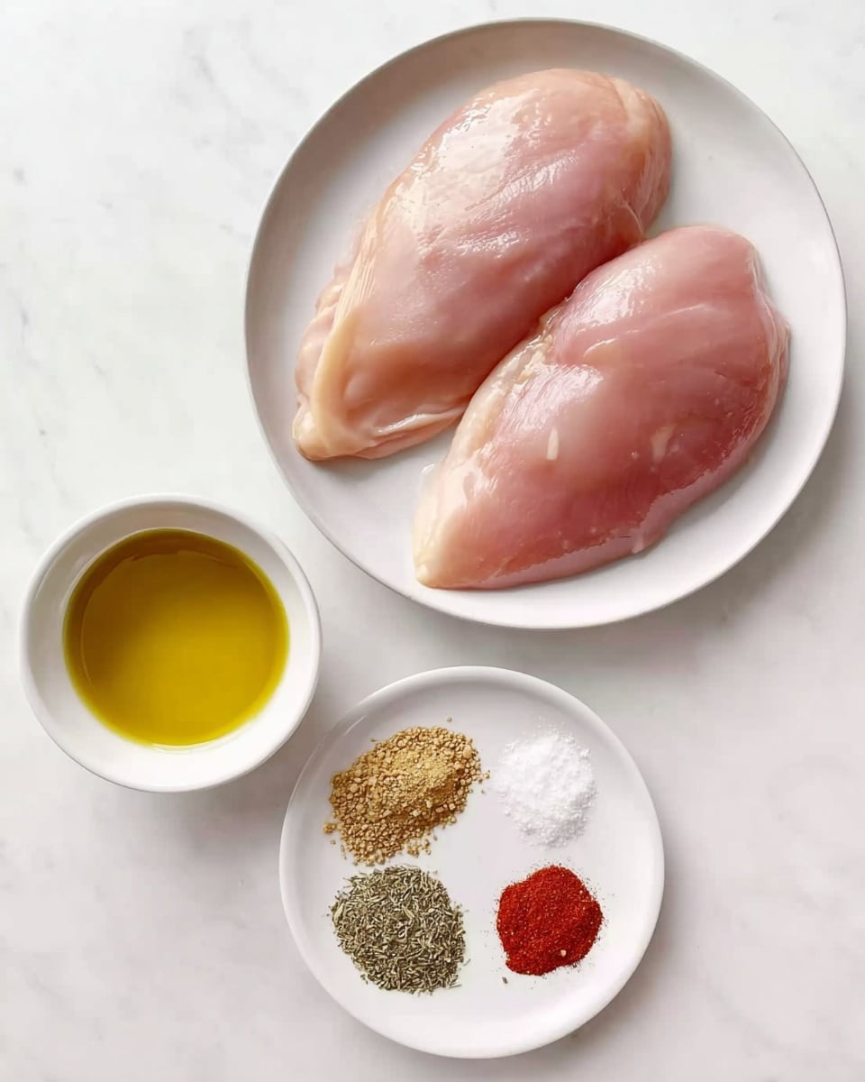 Two smooth, pale pink raw chicken pieces lie side by side on a round white plate in the top center of the image. Below and to the left of the plate, a small white bowl filled with golden yellow oil is placed. To the right of the bowl, a small white dish has five sections of spices arranged in a circle: light brown powder, white salt, dark green dried herbs, black pepper, and bright red powder. All items rest on a white marbled surface. Photo taken with an iphone --ar 4:5 --v 7