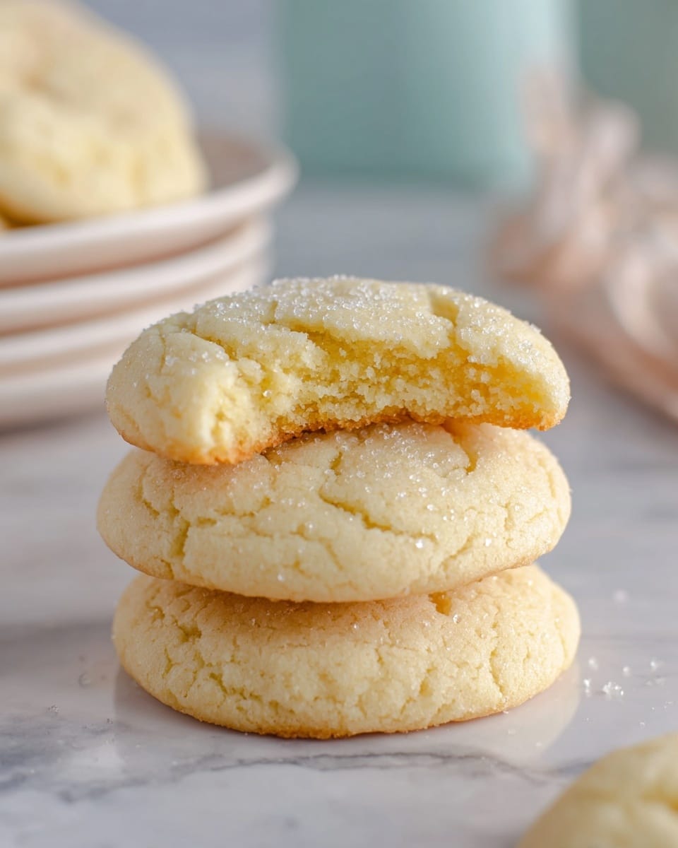 The image shows a stack of three soft, round sugar cookies with a pale golden color and slightly cracked tops. The top cookie has a bite taken out of it, revealing a soft, crumbly texture inside with a light yellow tint. The cookies are sitting on a white marbled surface, with some light sparkles of sugar visible on the top cookie’s surface. Behind the stack, there is a partial view of white plates stacked with more cookies on one side, and blurred light-colored objects in the background. The overall lighting is soft, highlighting the texture of the cookies. photo taken with an iphone --ar 4:5 --v 7