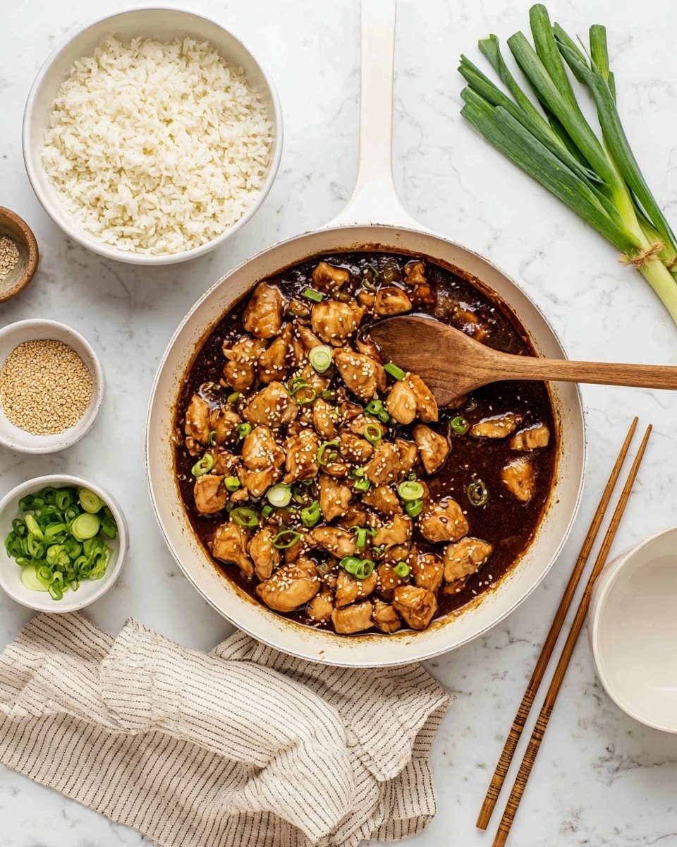 A white pan filled with small pieces of cooked chicken covered in a thick, dark brown sauce sits in the center. The sauce glistens and pools around the chicken, with some sauce splattered on the edges of the pan. Sprinkled green scallions and white sesame seeds are on top of the chicken, adding color contrast. A wooden spoon with some chicken pieces on it rests inside the pan, its handle pointing toward the bottom right corner. To the left of the pan is a white bowl filled with cooked rice. Below the rice bowl are two small bowls, one with sliced green scallions and the other with sesame seeds. A few fresh scallions lie diagonally below the small bowls on the white marbled surface. To the right of the pan is an empty white plate with a pair of wooden chopsticks resting on the top edge. A grey and white striped cloth is partly underneath the pan and stretches toward the bottom right corner. Photo taken with an iphone --ar 4:5 --v 7