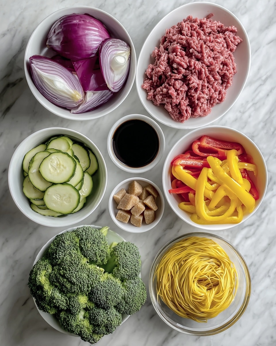 Seven bowls and a bunch of broccoli are placed on a white marbled surface. Top left, a white bowl holds large purple onion wedges with a few small bits of white garlic. To the right, a white oval plate is filled with raw ground meat, pink and crumbly. Below the onions, a white bowl contains green zucchini slices with pale centers. In the center, a small white bowl holds a dark soy-looking sauce, shiny and smooth. Below the sauce, a smaller white bowl is filled to the top with brown sugar cubes. To the right, a white bowl shows bright yellow and red bell pepper strips. Bottom left, a bunch of fresh green broccoli with textured florets. Bottom right, a clear glass bowl holds a neatly coiled nest of yellow dried noodles. Photo taken with an iphone --ar 4:5 --v 7