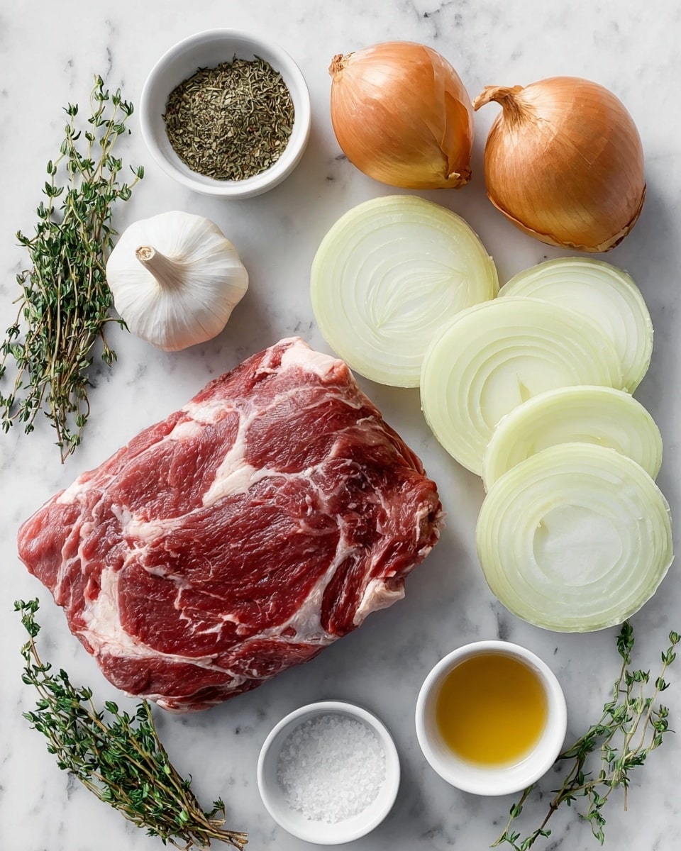 The image shows a raw cut of red meat with white fat marbling, placed on a white marbled surface. Around it are layers of light yellow sliced onions with smooth, shiny textures, along with two whole yellow onions. There is a garlic bulb with white papery skin resting nearby. A small white bowl holds several dried green bay leaves, another small white bowl contains dried green herbs, and two more small white bowls hold a clear liquid and coarse white salt mixed with a tiny yellow liquid drop. Fresh green thyme sprigs lie next to the meat, adding color contrast. Everything is neatly arranged in a flat lay style with soft natural light, photo taken with an iphone --ar 4:5 --v 7