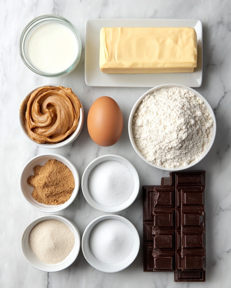 The image shows an overhead view of various baking ingredients neatly arranged on a white marbled surface. From top left to right, there is a small glass bowl with white milk, a small white bowl filled with smooth light brown peanut butter, and a single brown egg. Below that, a rectangular block of pale yellow butter sits on a white dish. To the right of the butter is a white bowl completely filled with white flour. Below, there are three small white bowls containing light brown sugar, white powdered sugar, and white granulated sugar. At the bottom left, there is a small white bowl filled with extra flour, and next to it on the right is a dark brown chocolate bar broken into even pieces. The overall arrangement is clean and organized, with simple white containers showing off the varied textures and colors of the ingredients. Photo taken with an iphone --ar 4:5 --v 7