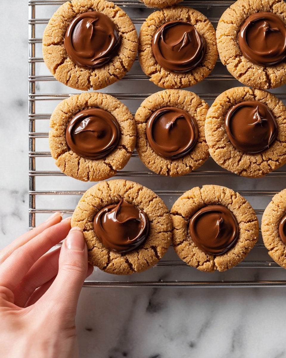 The image shows a close-up of a cooling rack filled with round peanut butter cookies, each topped with a thick, smooth, and shiny layer of melted chocolate spread evenly in the center. The cookies have a rough, cracked texture and a warm golden-brown color. A woman's hand is gently touching one of the cookies on the lower left side of the rack. The cooling rack is placed on a white marbled surface, and the scene is brightly lit, highlighting the glossy chocolate and crumbly cookie texture. photo taken with an iphone --ar 4:5 --v 7