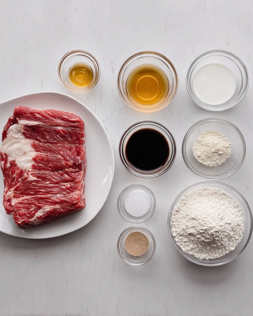 A white plate holds a large piece of raw red meat with visible white fat marbled throughout, positioned on the left side. To the right, eight small clear glass bowls are lined up in two rows on a white marbled surface. The top row has four bowls containing golden liquid, dark soy sauce, white powder, and white flour. The bottom row holds four bowls with clear liquid, a small bowl of white powder, another bowl with a fine light brown powder, and a larger bowl filled with white flour. The setup shows a clean and organized arrangement of ingredients ready for cooking. Photo taken with an iphone --ar 4:5 --v 7