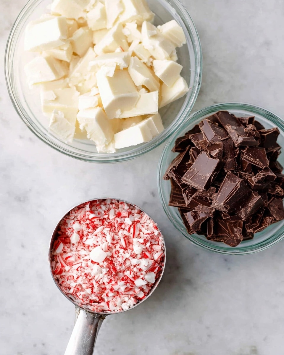 The image shows three clear glass bowls on a white marbled surface, each containing different chopped ingredients. The top bowl holds white chunks with a smooth, slightly irregular texture. In the middle is a metal measuring cup filled with crushed peppermint candies, a mix of red and white pieces with a rough texture. The bottom bowl contains dark chocolate chunks that are uneven with a slightly glossy finish. The composition is simple and clear, focusing on the colors and textures of the ingredients. photo taken with an iphone --ar 4:5 --v 7