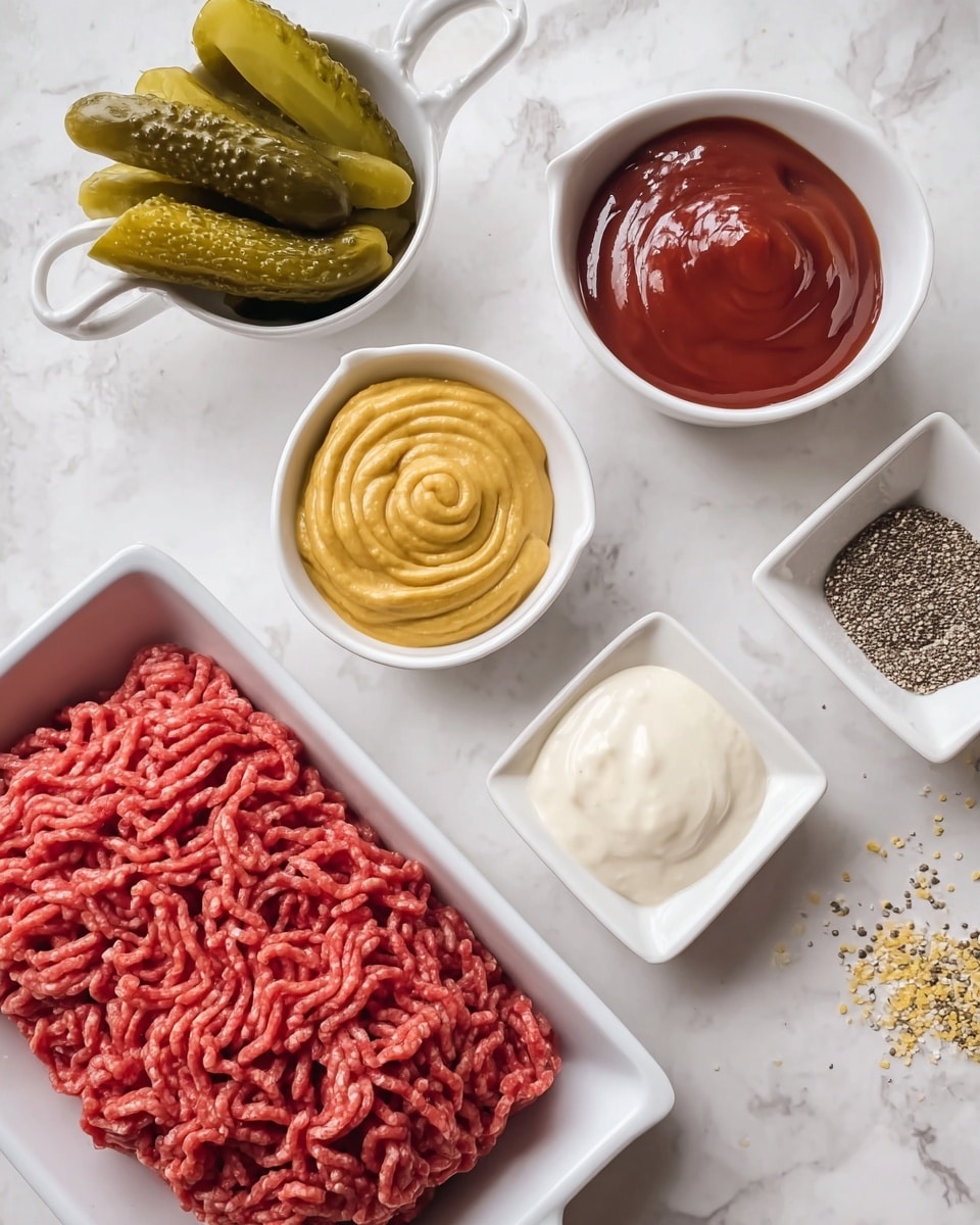 The image shows several small white dishes and containers arranged on a white marbled surface. In the center bottom, there is a rectangular white tray filled with raw ground beef, its texture made of twisted strands of red meat. Above this, there is a small white bowl with a mustard sauce, swirled in a thick rope-like pattern, showing a grainy yellow color with black specks. To the left side, a white handled bowl contains several green pickle slices with a wavy texture and shiny surface. Above that, a round white bowl is filled with smooth, shiny, deep red ketchup, with some peaks and swirls. Adjacent to the mustard, there is another round white bowl holding a thick, creamy white sauce with a smooth surface. At the right edge of the image, part of a white square dish is visible with a seasoning mix of black, white, and golden grains. Photo taken with an iphone --ar 4:5 --v 7