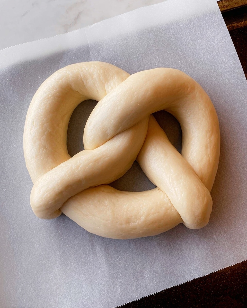 The image shows a single raw pretzel dough shaped into its classic twisted form, placed on a white parchment paper. The dough is smooth and pale beige with a slightly shiny, soft texture. The pretzel has two rounded loops at the bottom and a thick middle part that crosses over itself on top, creating a knot in the center. It rests on a dark baking tray with a white marbled surface background visible around it. The photo taken with an iphone --ar 4:5 --v 7