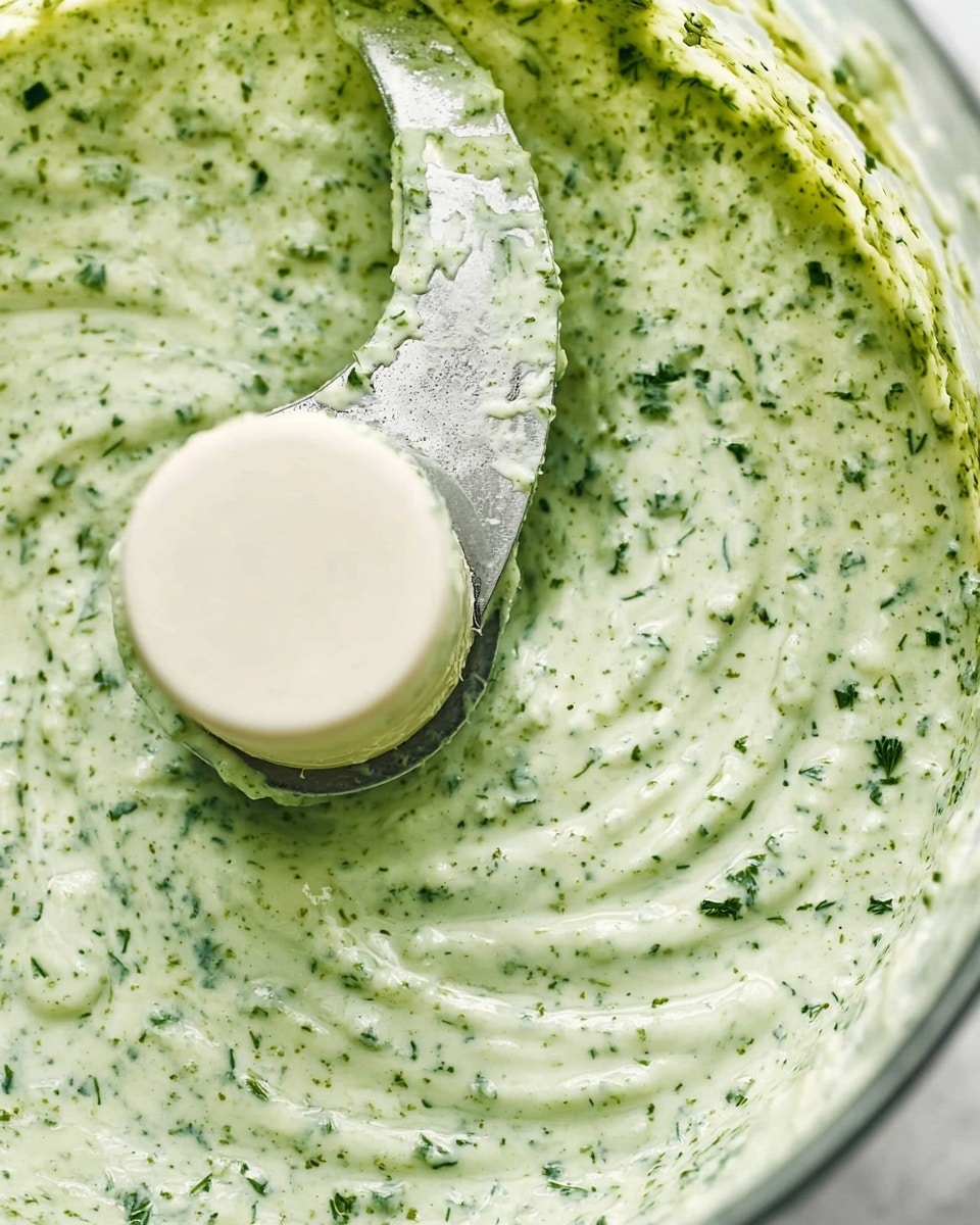 This image shows a close-up view inside a transparent food processor bowl filled with a light green sauce speckled with darker green herbs, giving it a creamy, slightly bubbly texture. The curved blade in the food processor is coated with the sauce, displaying both the creamy light green base and bits of herbs mixed evenly throughout. The white marbled surface is visible beneath the processor. photo taken with an iphone --ar 4:5 --v 7