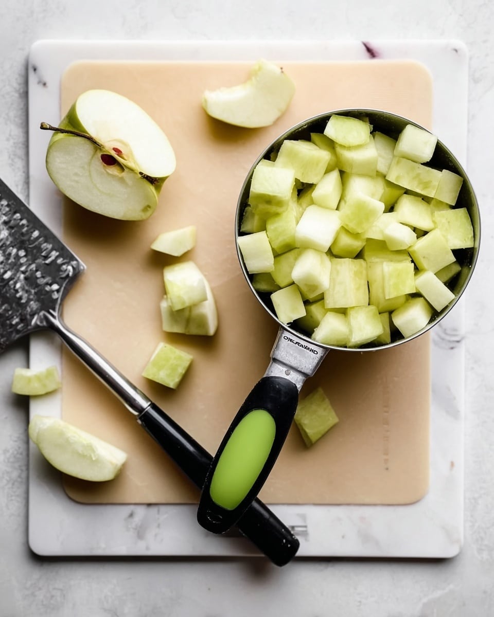 A white marbled surface with a beige cutting board on top displays small cubes of light green apple pieces. There is a metal measuring cup with a black and green handle filled with these apple cubes, placed on the right side of the board. To the left are a few apple pieces and a partially peeled apple slice with a mix of light green and pale yellow colors, showing the texture of the fruit. Next to the measuring cup is a black-handled metal peeler resting on the cutting board. The scene is bright and clean with soft shadows. photo taken with an iphone --ar 4:5 --v 7