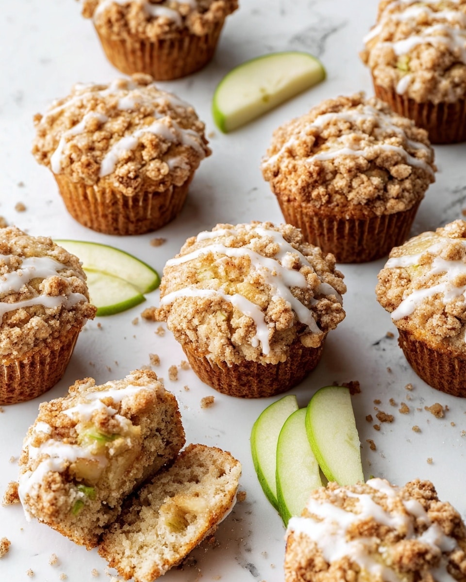 The image shows nine muffins with crumbly streusel topping and white icing drizzle on a white marbled surface. Each muffin's top layer is golden-brown with rough crumb topping that is sprinkled all over, while the drizzle adds a shiny contrast. One muffin is peeled back slightly to show the inside, revealing soft, light brown cake with pieces of green apple embedded inside. Two green apple slices are placed among the muffins on the white marbled surface. The texture of the muffin tops looks crunchy and rough, while the inside looks soft and moist. photo taken with an iphone --ar 4:5 --v 7