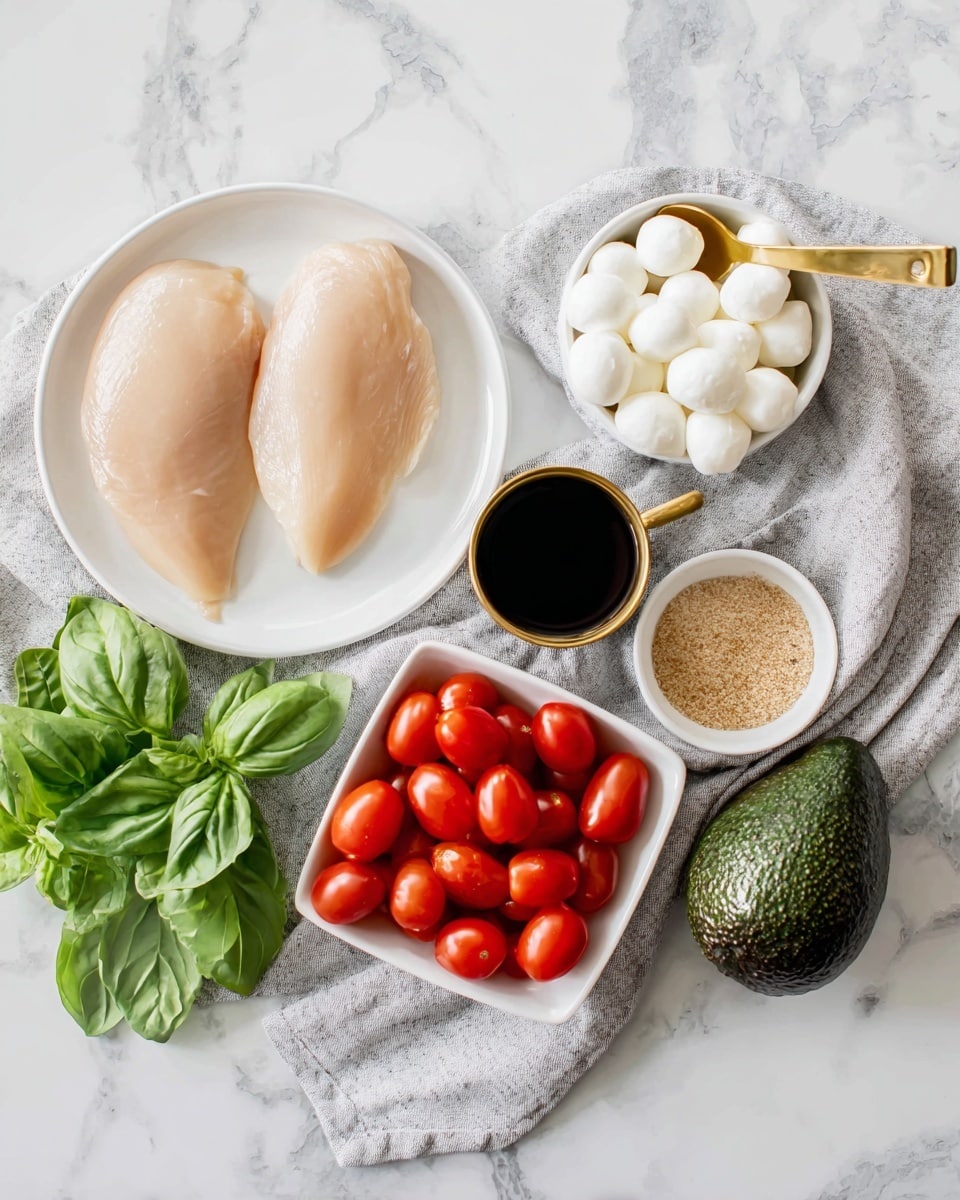 The image shows fresh ingredients arranged on a white marbled surface with a light gray cloth underneath. In the top left is a white plate holding two smooth, pale raw chicken fillets. To the right of the plate, there is a white bowl filled with small round white mozzarella balls. Below the mozzarella, a gold measuring cup holds a dark liquid, possibly balsamic vinegar. In the center of the image, a small white square bowl is filled with shiny, bright red grape tomatoes. Below that, a small white round bowl contains light brown sugar or similar granular seasoning. To the right of the bowls sits a dark green avocado with a rough skin texture. A few fresh, vibrant green basil leaves are scattered on the cloth and marble surface around the ingredients. The whole scene is bright and clean, showing fresh and colorful ingredients clearly. photo taken with an iphone --ar 4:5 --v 7