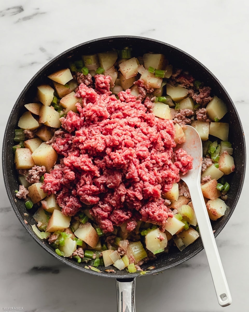 In the image, a black pan sits on a white marbled surface, filled with layers of food. The bottom layer is made up of small, light brown potato cubes with bits of green bell pepper and white onion mixed in. On top of this layer, there is a large pile of raw ground beef, light red and pink in color, sitting in the center. A white spoon is partially buried under the ground beef, resting near the right side of the pan. photo taken with an iphone --ar 4:5 --v 7
