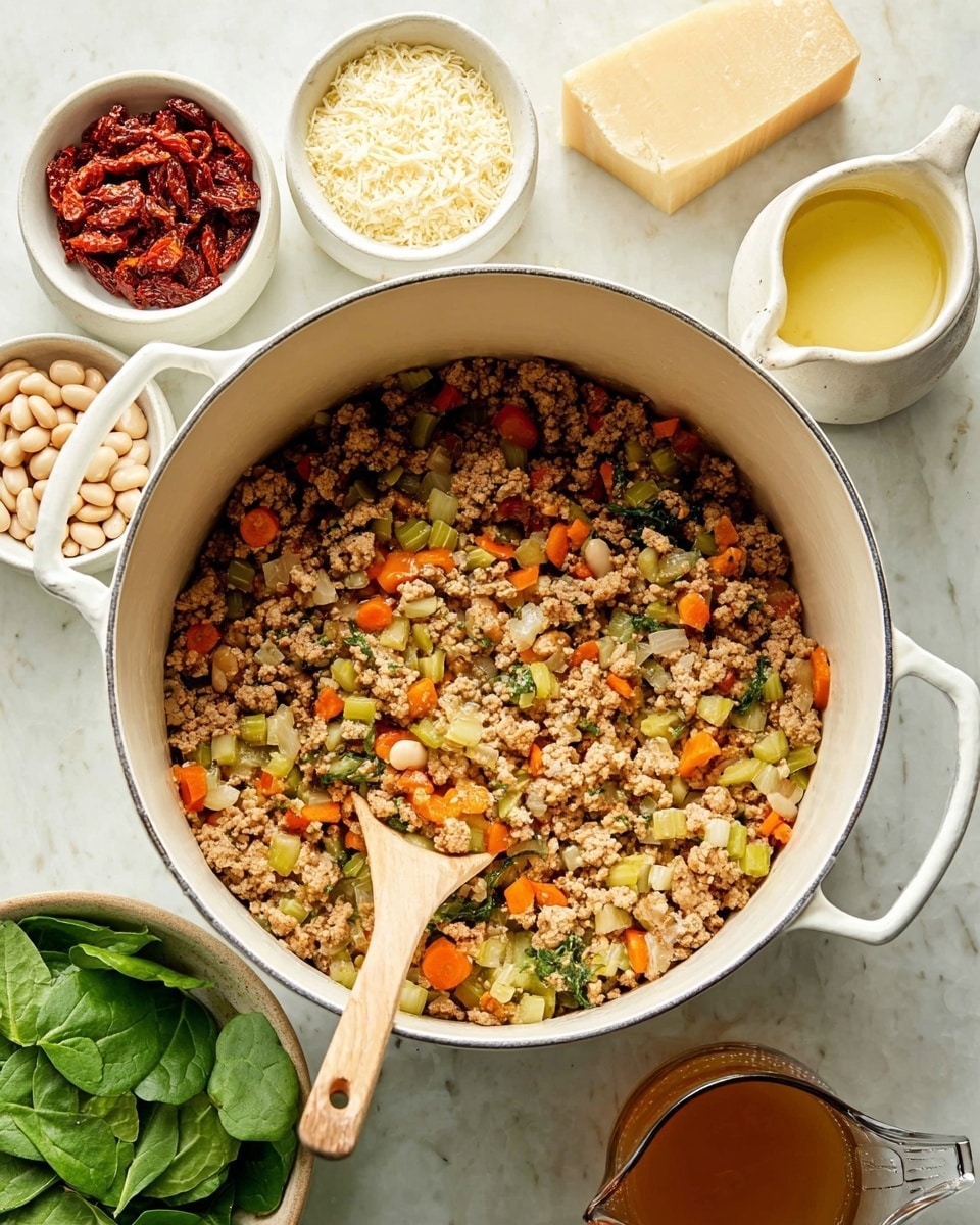 A large white pot filled with a mix of cooked ground meat with small pieces of diced orange carrots, green celery, and white onions, all mixed with herbs and spices, with a wooden spoon resting inside on the right side. Surrounding the pot on a white marbled surface are five white bowls, each filled with different ingredients: on the top left, sun-dried tomatoes in small red pieces; top center, a light yellow creamy sauce in a bowl with a spout; top right, a small bowl of grated pale yellow cheese and a wedge of hard cheese behind it; right side, fresh green spinach leaves; and bottom left, whole white beans. A clear glass measuring cup with light brown broth sits at the bottom right. photo taken with an iphone --ar 4:5 --v 7