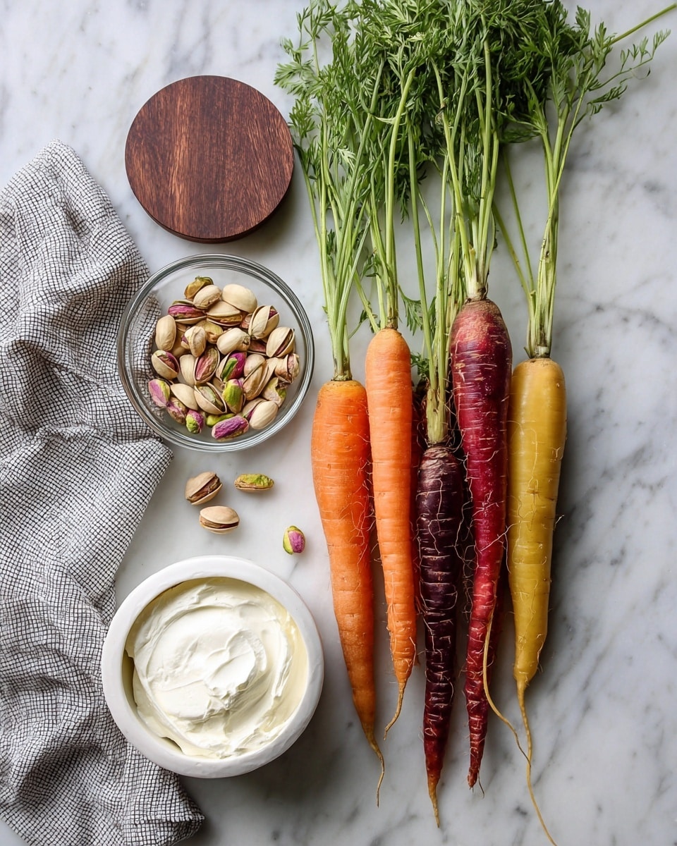 A group of fresh carrots with colorful green tops lies in a row on a white marbled surface, showing orange, yellow, and purple carrots arranged from left to right. Next to the carrots, from top to bottom, there is a small clear glass bowl filled with shelled pistachios, a white bowl holding a scoop of smooth white cream cheese, and a white round container with a dark wooden lid. A gray checkered cloth is laid to the left side of the image. Photo taken with an iphone --ar 4:5 --v 7
