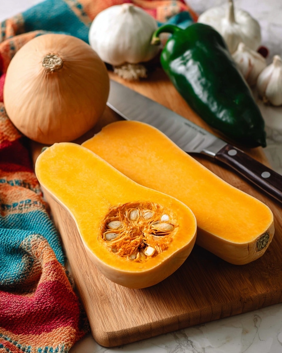 A wooden board is shown with one whole butternut squash and one half of the squash, cut lengthwise to reveal its bright orange flesh with a seed cavity full of beige seeds and stringy texture in the center. Next to the squash is a shiny silver knife with a black handle lying flat on the board. Behind the squash, there are two shiny dark green poblano peppers, a round white garlic bulb, and a pale yellow onion. A colorful cloth with red, orange, blue, and beige patches is softly draped in the background, all on a white marbled surface. Photo taken with an iphone --ar 4:5 --v 7