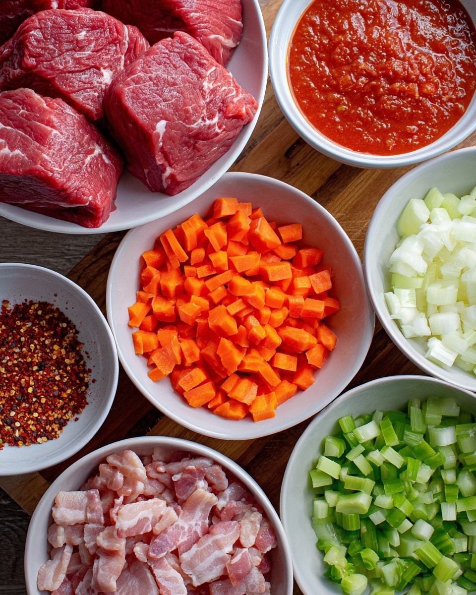 The image shows several white bowls arranged closely, each containing different ingredients on a wooden surface. There are three large pieces of raw red meat with light marbling placed in one bowl. Another bowl holds a smooth, bright red tomato sauce with a slightly chunky texture. Freshly chopped orange carrots, green celery, and white onions each occupy their own bowls, all diced into small uniform pieces. There is a bowl filled with small chunks of raw bacon, showing a mix of pink meat and white fat. A small bowl contains crushed red pepper flakes. The ingredients are neatly arranged and visible in bright, natural light, photo taken with an iphone --ar 4:5 --v 7