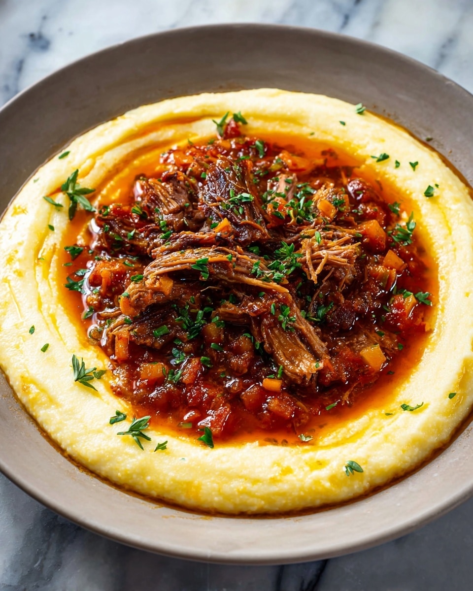 A white bowl is filled with large pieces of dark brown cooked meat that have visible grains and some light areas showing the texture inside. The meat sits on top of a thick red sauce mixed with small chunks of orange carrots and bits of other vegetables. Small green herb pieces are sprinkled on top of both the meat and the sauce, adding contrast. The bowl is placed on a wooden surface with a few sprigs of fresh green rosemary nearby. photo taken with an iphone --ar 4:5 --v 7