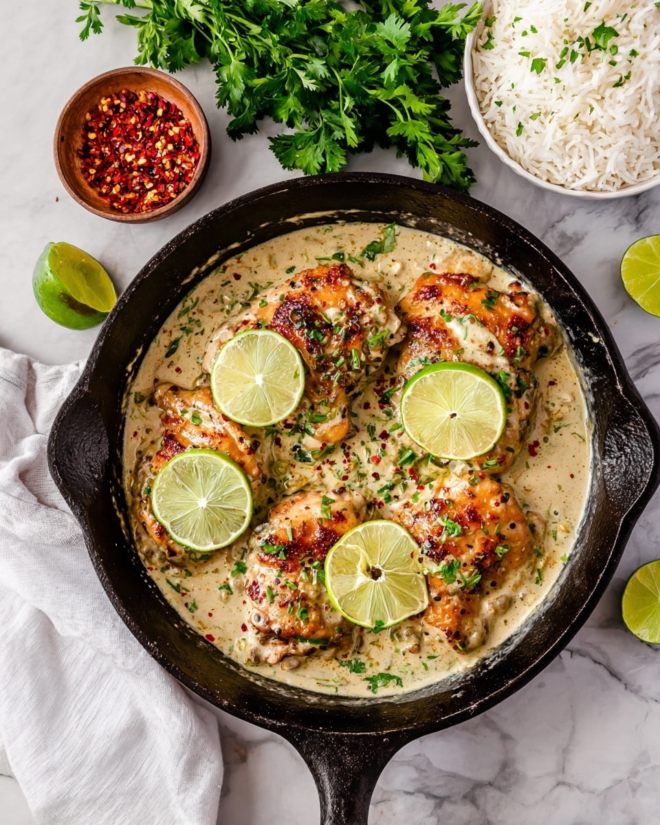 A black cast iron skillet holds four browned chicken pieces covered in a creamy light beige sauce with visible herbs and spices mixed in. Each chicken piece is topped with a thin, bright green lime slice and sprinkled with fresh chopped green parsley and small red chili flakes. The skillet rests on a white marbled surface next to a bunch of fresh green parsley, a small white bowl full of red chili flakes, a white bowl partially filled with cooked white rice garnished with a few green herbs, and a white cloth napkin. The overall setting is brightly lit and clean. photo taken with an iphone --ar 4:5 --v 7