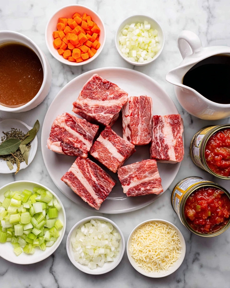 A white plate holds seven pieces of raw short ribs showing layers of red meat and white fat. Around the plate are several small white bowls and containers placed on a white marbled surface: one with bright orange chopped carrots, one with small pale green celery cubes, one with white chopped onions, one with grated pale yellow cheese, and one with minced garlic. There are also a couple of small dishes holding dried herbs, bay leaves, and a few sprigs of fresh green herbs. Three containers hold liquids: one dark brown broth in a white pitcher, a black shiny sauce in a glass jar, and two open cans with red tomato sauce and diced tomatoes. The whole setup is neatly arranged and well-lit, capturing fresh, colorful cooking ingredients photo taken with an iphone --ar 4:5 --v 7