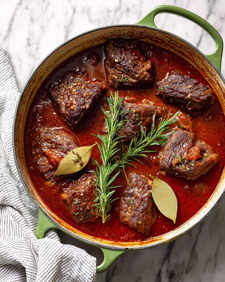 A green pot filled with a rich dark red sauce as the base layer, with nine large pieces of browned meat placed evenly on top, each piece showing a textured, juicy surface with a slight crust. Among the meat pieces, two fresh green rosemary sprigs stand vertically, adding a pop of deep green color, while two pale brown bay leaves float on the sauce near the center. The pot handle is visible with a white and gray striped kitchen cloth draped nearby. The pot sits on a white marbled texture. Photo taken with an iphone --ar 4:5 --v 7