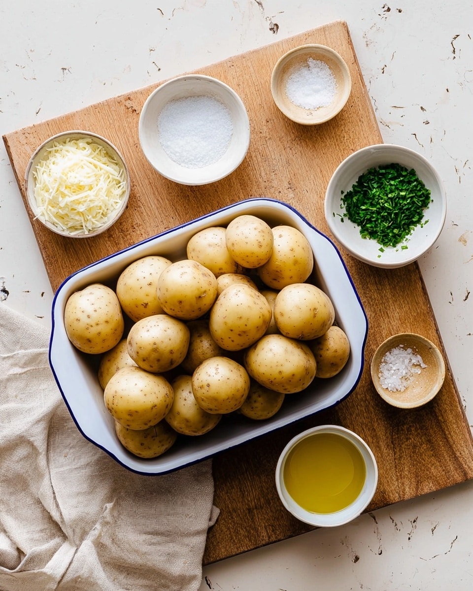 A white rectangular enamel dish with a blue rim holds about twenty small, round, light brown potatoes stacked in two layers, resting on a wooden cutting board. Around the board, small white bowls hold coarse salt, grated white cheese, chopped green herbs, and golden liquid oil. The cutting board sits on a white marbled surface, with a beige linen cloth slightly wrinkled on the lower left corner. Photo taken with an iphone --ar 4:5 --v 7