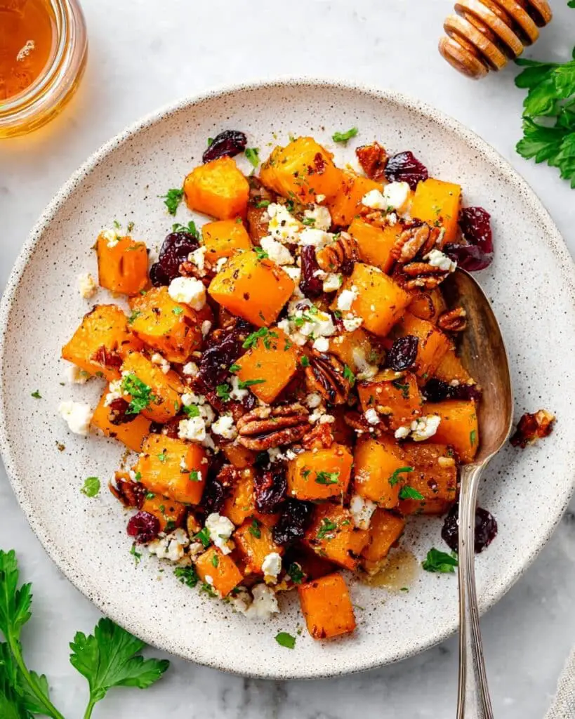 Roasted Butternut Squash with Pecans, Cranberries, Feta & Hot Honey Recipe