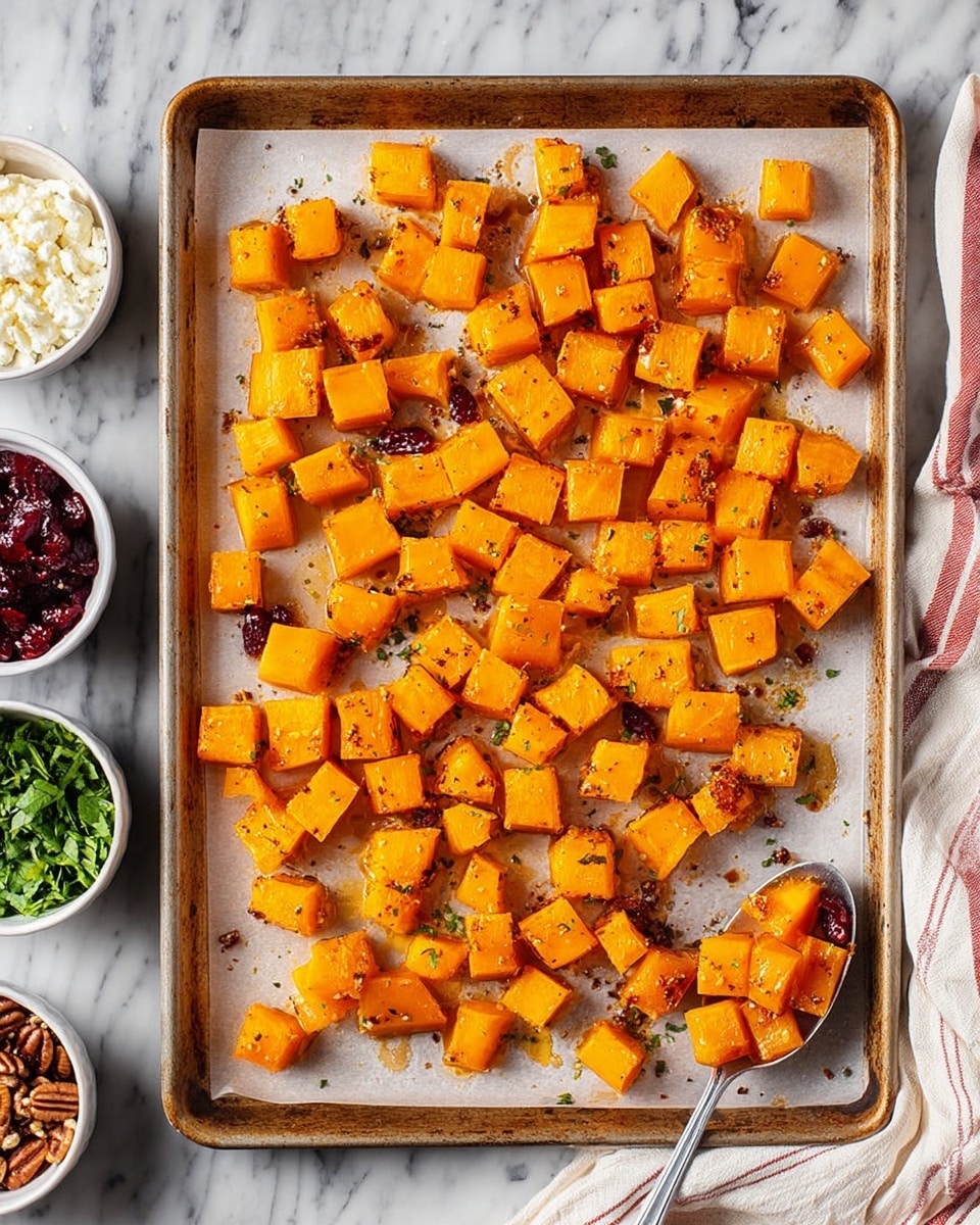 The image shows a baking tray covered with parchment paper, holding many evenly spaced orange roasted butternut squash cubes with a light char on some edges, giving a mix of shiny and slightly browned textures across the pieces. The tray rests on a white marbled surface, and on the right side, a silver spoon holds three more pieces of roasted squash. In the corner, a white kitchen towel with red stripes is partly visible. Around the tray, there are small white bowls filled with mixed pecans, white cheese crumbles, chopped green herbs, and dried cranberries, adding contrast to the scene. photo taken with an iphone --ar 4:5 --v 7