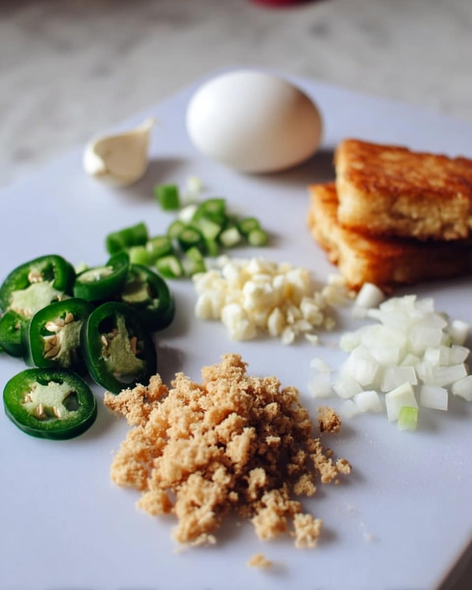 A white cutting board with chopped ingredients lays on a white marbled surface. At the front center, there is a small pile of crumbled light brown tofu or textured food. To the right, there are two golden-brown fried pieces stacked one on the other. Behind these, a whole white egg is placed near the corner. At the back center, finely minced garlic is arranged in a small pile, and next to it on the left, there are small white diced onions. In front of these, there are two types of green peppers: dark green jalapeño slices on the left, and lighter green diced peppers at the front left corner of the cutting board. Photo taken with an iphone --ar 4:5 --v 7