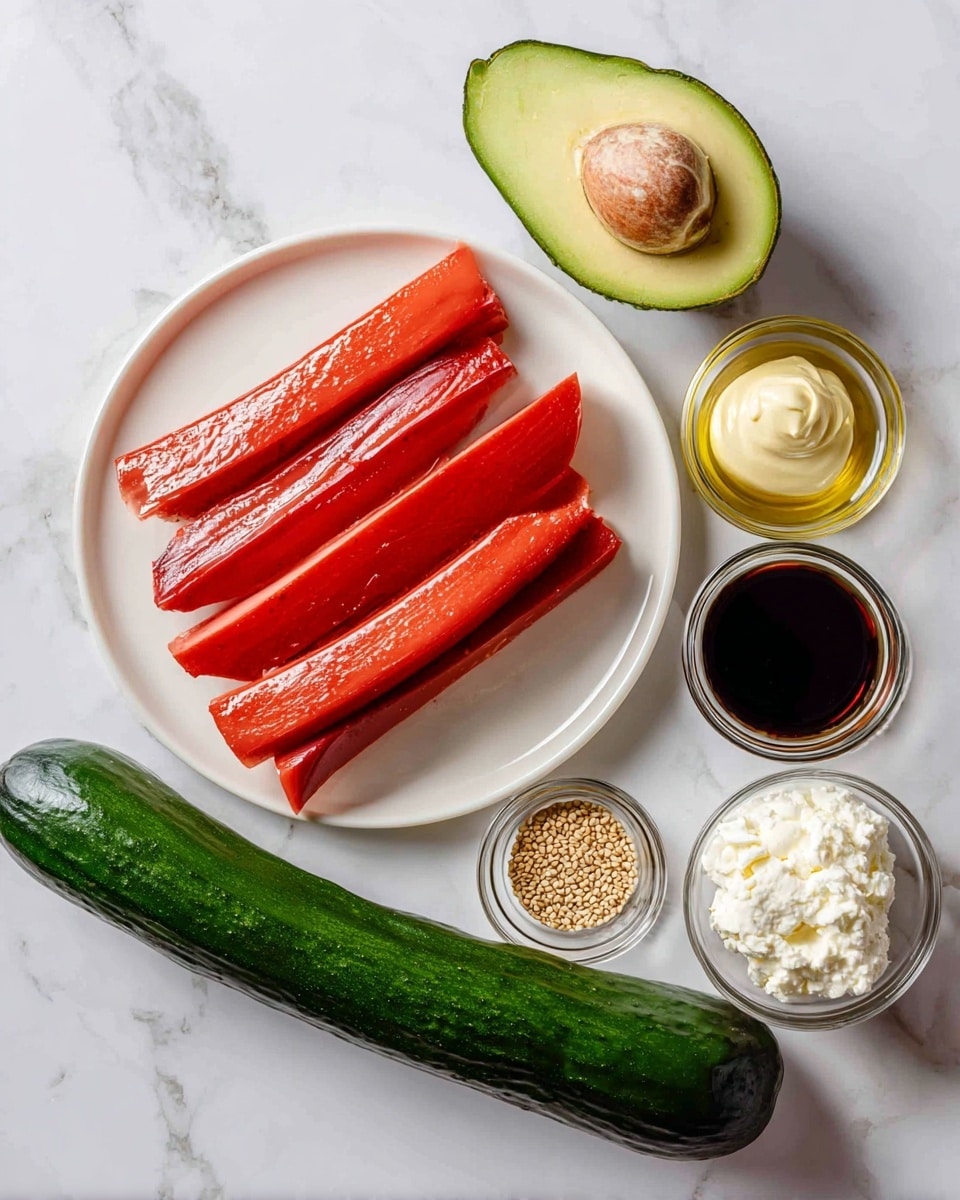 A white plate on a white marbled surface holds six bright red crab sticks, each with a smooth, slightly glossy texture, lying flat and slightly overlapping. Next to the crab sticks, there are four small glass bowls arranged in a semi-circle: one with golden sesame seeds, one with dark brown soy sauce, one with creamy white soft cheese, and one with light yellow mayonnaise. To the left of the plate, there is a long, dark green cucumber with a shiny, slightly bumpy surface, and above the plate sits half a ripe avocado showing light green flesh with a large brown seed in the middle. Photo taken with an iphone --ar 4:5 --v 7