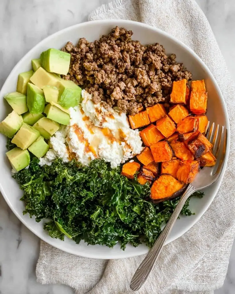 Hot Honey Beef Bowl with Sweet Potatoes, Cottage Cheese, and Avocado Recipe