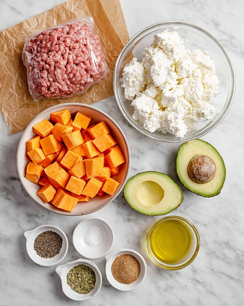 The image shows several ingredients arranged neatly on a white marbled surface. On the left is a packet of raw ground meat resting on brown paper, with a bowl of small orange sweet potato cubes placed above it. To the right of the sweet potatoes is a clear glass bowl filled with white, cottage cheese with fluffy texture. Below these, there are two halves of an avocado, each scored with small square cuts. Next to the avocado, there are four small white dishes holding different ingredients: one with ground black pepper, salt, and a brown spice, another with a mix of dried herbs and spices, a third with golden olive oil, and the last filled with a honey-colored liquid. The scene is well lit, laid out clearly as if preparing for cooking photo taken with an iphone --ar 4:5 --v 7