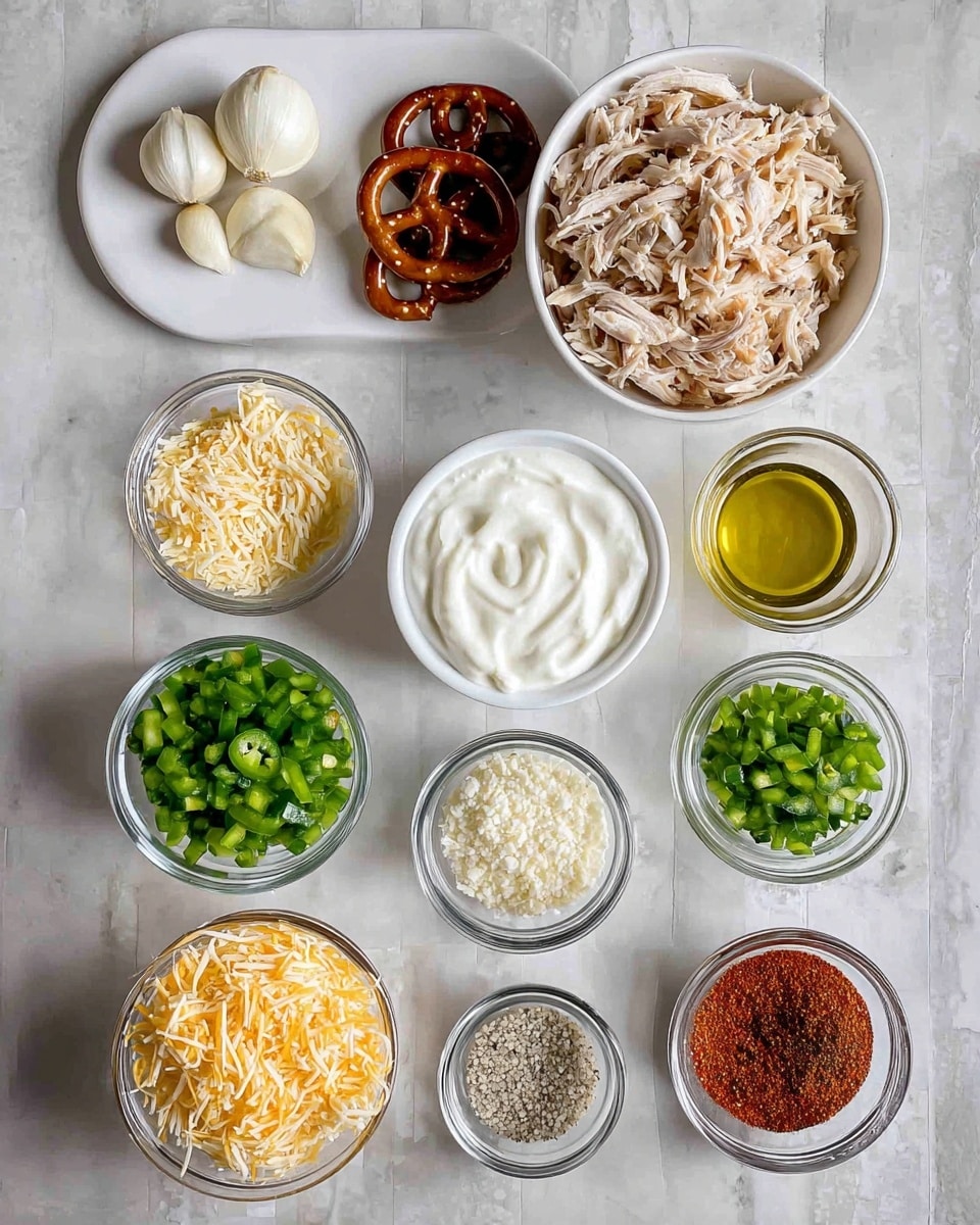 The image shows several small white bowls and clear glass bowls arranged neatly on a white marbled surface, each filled with different cooking ingredients. There are shredded light beige meat pieces in a white bowl on the top right, along with three dark brown pretzels and two white garlic cloves on a white small plate top left. Below the pretzels is a white bowl filled with thick white yogurt or sour cream. Next to it are bowls with light yellow powder, white creamy cheese, green chopped jalapenos, and finely chopped white onions. Also present are green chopped bell peppers, shredded light yellow cheese, a bowl of small white rice grains, and a small clear bowl with olive oil. On the top right are two small clear bowls with black pepper and salt, and red spice powder. The setup looks clean and orderly, ready for food preparation, photo taken with an iphone --ar 4:5 --v 7