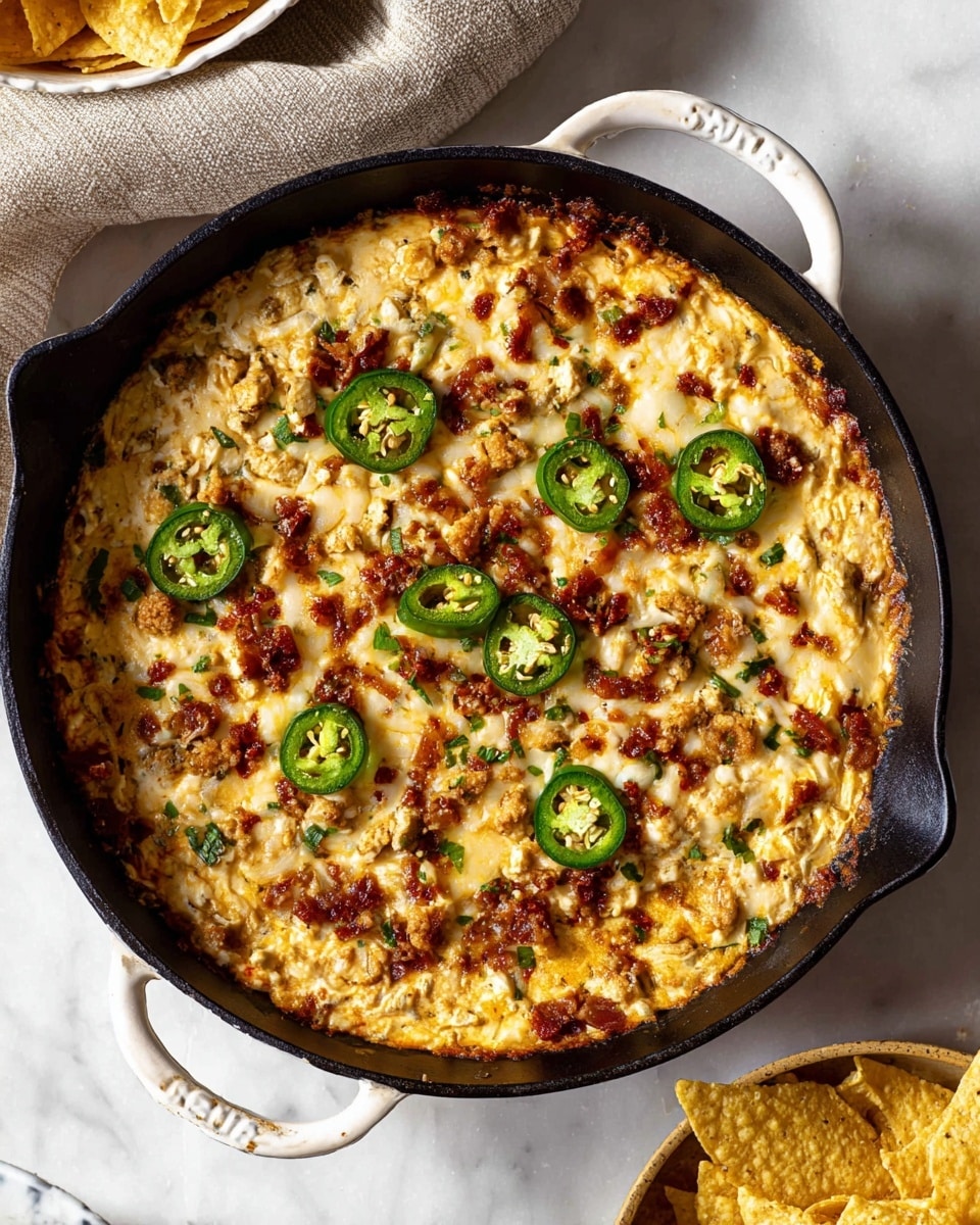 A close-up image of a round, baked dish in a white-handled black cast iron skillet, with a crispy golden-brown top layer covered with melted cheese, small chunks of browned pieces, and green jalapeño slices evenly spread on the surface. The dish shows a textured mix of creamy and crunchy bits creating a colorful, appetizing look. The skillet sits on a white marbled surface with a cloth partly visible in the top left corner and a bowl containing light yellow tortilla chips at the bottom right edge. Photo taken with an iphone --ar 4:5 --v 7