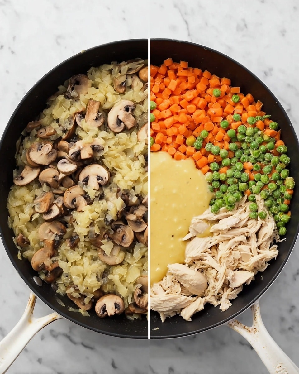 Two black pans with white handles are shown on a white marbled surface. The left pan holds one layer of lightly cooked chopped onions and many whole sliced brown mushrooms, all mixed together with a soft texture. The right pan is divided into four parts: one part has bright orange carrot pieces, the next part has green peas, the third part has shredded light brown chicken pieces, and the last part has a smooth, thick pale yellow sauce. photo taken with an iphone --ar 4:5 --v 7