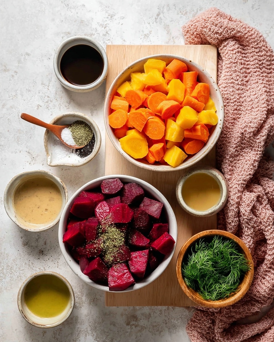 The image shows two white bowls on a white marbled surface, one filled with bright orange carrot pieces and the other with roughly cut red and yellow beet chunks. A small white dish with half black pepper and half white salt rests on the carrot bowl, while a small wooden spoon with greenish dried herbs lies in the beet bowl. Surrounding the bowls are small ceramic cups and bowls filled with various sauces and liquids in colors like dark brown, creamy beige, and light yellow-green. A small wooden bowl holds fresh green dill. On the right side of the setup is a soft pink knitted cloth. The arrangement sits neatly on a light wooden board. Photo taken with an iphone --ar 4:5 --v 7