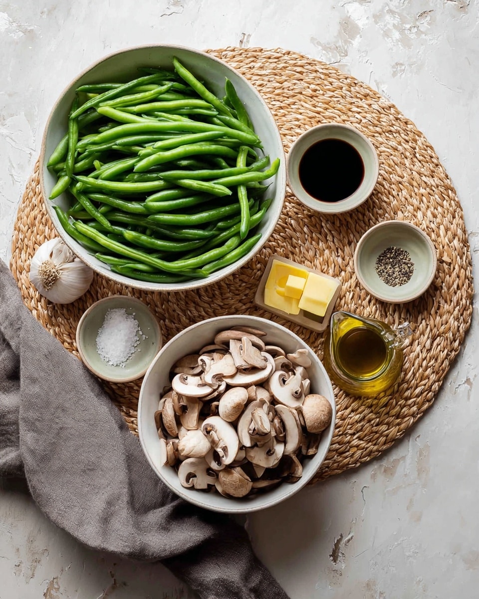 The image shows a white bowl full of fresh green beans on a top left side, next to a smaller white bowl on the bottom right full of thinly sliced mushrooms. Around these bowls, there are small containers holding salt and pepper, yellow butter cubes, dark liquid soy sauce, and a small jug with oil, all placed on a round woven placemat on a white marbled surface. Two garlic cloves and a gray cloth are also part of the composition, adding to the natural and simple feel of the scene. photo taken with an iphone --ar 4:5 --v 7