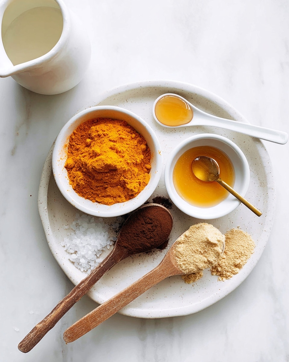 A white round plate holds a small white bowl filled with bright orange powder with a white ceramic spoon inside it. Next to it is a small white bowl with a golden syrup and a big wooden spoon with dark brown powder. Another wooden spoon with light beige powder lays below the dark one. On the plate's upper right side, there is a white ceramic spoon holding a small amount of liquid amber-colored syrup, and beside it a small gold spoon filled with white granules. The background is a white marbled surface with a white ceramic jug partially visible on the left bottom corner, filled with white liquid. photo taken with an iphone --ar 4:5 --v 7