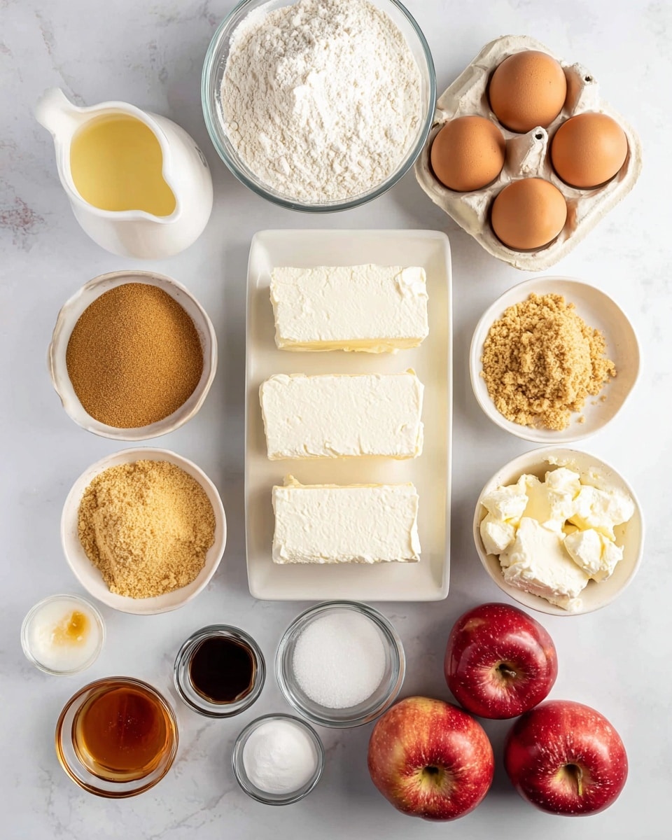 The image shows ingredients arranged neatly on a white marbled surface. At the center is a rectangular white plate with three large, smooth, white blocks of cream cheese. To the top right, there is a white bowl filled with light brown graham cracker crumbs and a white tray holding three brown eggs. A small clear bowl with flour sits above the cream cheese plate. On the top left, there is a white bowl filled with granulated white sugar. To the left bottom, a white bowl holds light brown sugar next to a speckled white pitcher filled with a light yellow liquid, likely melted butter. Below the cream cheese plate, there are five small clear bowls arranged in a loose circle, containing salt, cinnamon spice, vanilla extract, and a white creamy substance. At the bottom right corner, three shiny red apples sit close together. The photo taken with an iphone --ar 4:5 --v 7