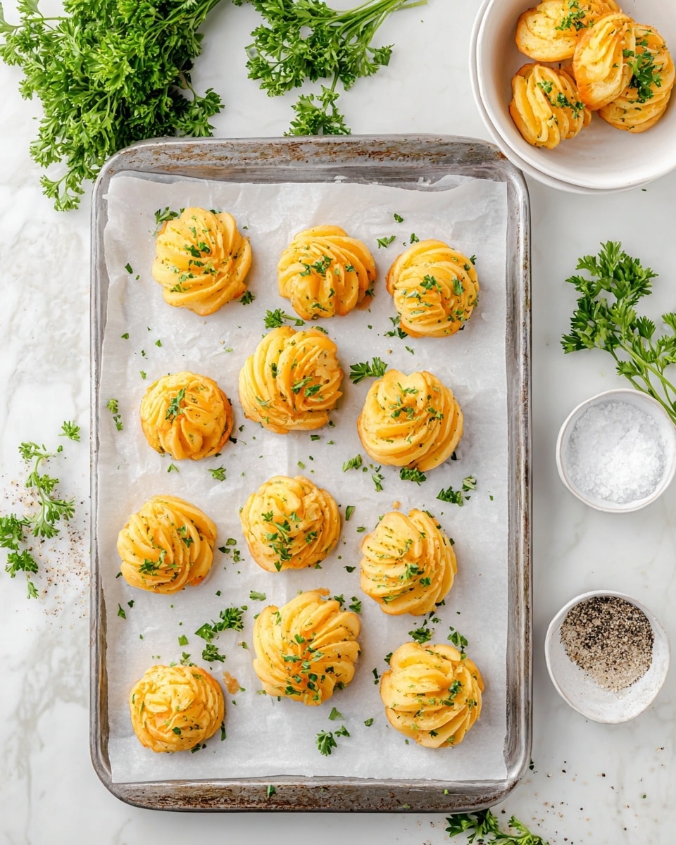 The image shows a baking tray with a sheet of parchment paper holding 14 small, round, golden-brown duchess potatoes. Each potato has a swirled, textured top with light browning and is sprinkled with small green parsley leaves. Around the tray, there are scattered parsley leaves and whole parsley sprigs on a white marbled surface. To the top right, there is a white bowl with more duchess potatoes and parsley for garnish. In the top left corner, two small white cups hold coarse salt and cracked black pepper. The overall scene is bright and clean, with a fresh and appetizing look. photo taken with an iphone --ar 4:5 --v 7