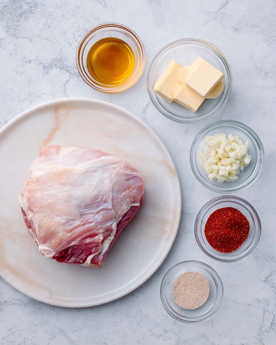 On the right side, there is a piece of raw meat with skin, pale pink and white in color, lying on a white plate with a slight marbled pattern. On the left side, there are six glass containers arranged loosely; a measuring cup filled with golden liquid at the top left, a small glass bowl near the center holding two pieces of light yellow butter, and below these, a small bowl with chopped garlic, another with reddish powder, one with a beige granular substance, and lastly, a small bowl with a fine gray powder. The whole setup is placed on a white marbled surface with a cool tone. photo taken with an iphone --ar 4:5 --v 7