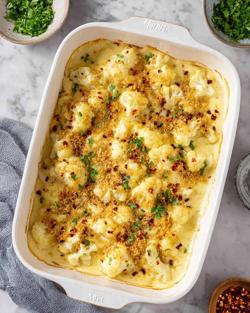 A white rectangular baking dish filled with a creamy cauliflower casserole is shown. The dish has one main layer of cauliflower florets coated in a thick, creamy sauce that is light beige with melted yellow cheese bits scattered throughout. The top is sprinkled with small green herb pieces and red chili flakes, adding color and texture. Some golden brown crispy breadcrumbs are also visible on the surface, giving it a slightly crunchy look. The dish sits on a white marbled surface with small bowls of green herbs and red chili flakes nearby, and a gray cloth partially visible at the bottom left. Photo taken with an iphone --ar 4:5 --v 7