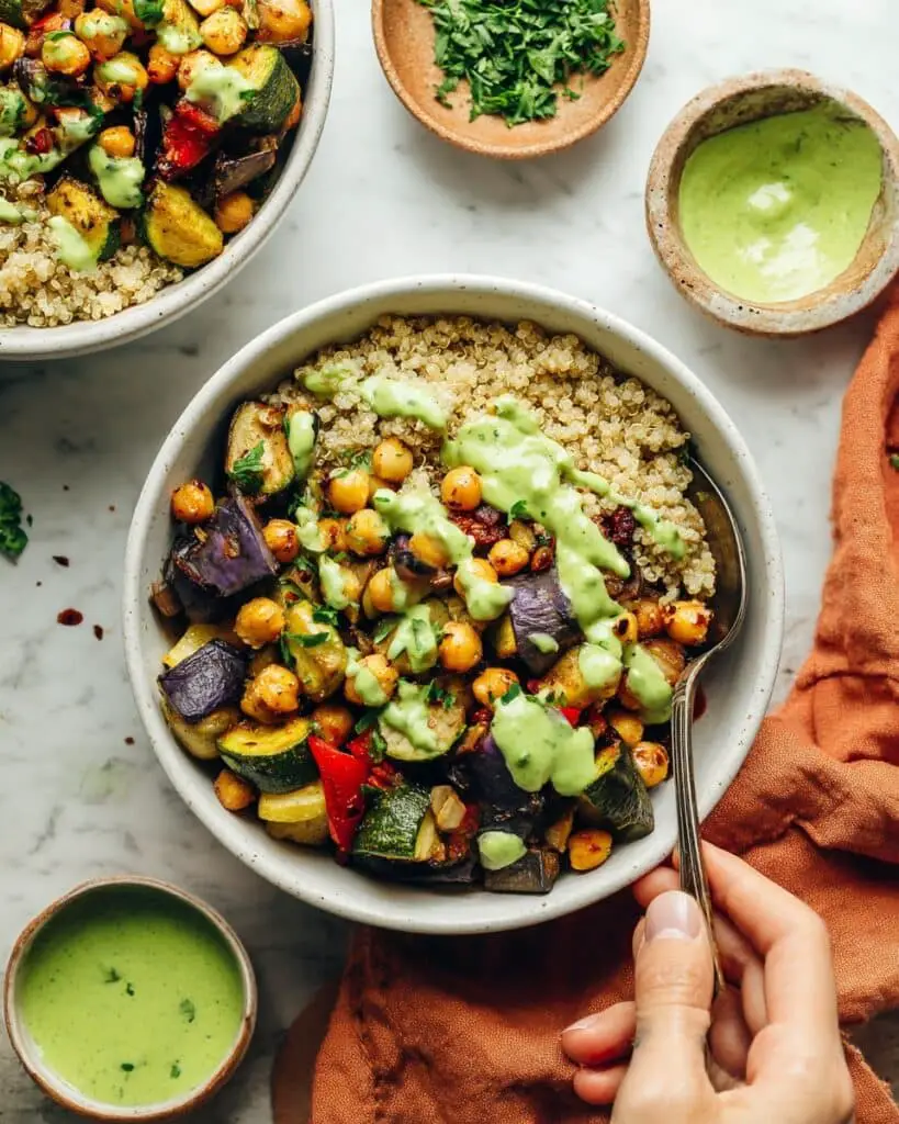 Roasted Chickpea & Veggie Bowls with Green Tahini Sauce Recipe