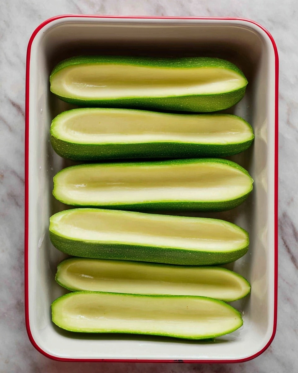 Seven hollowed green zucchini halves with light green insides are placed neatly side by side in a white rectangular baking dish with a red rim, resting on a white marbled surface. The zucchini shells have smooth, slightly shiny textures and are evenly spaced, filling the dish from left to right. Photo taken with an iphone --ar 4:5 --v 7