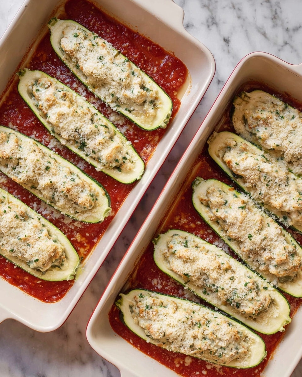 Two white rectangular baking dishes are shown on a white marbled surface, each filled with six zucchini halves laid open side up in two rows. Each zucchini half is hollowed and filled with a creamy mixture of light beige color with small green specks. The base of the dishes is covered with a layer of thick, rich red tomato sauce. The tops of the stuffed zucchinis are sprinkled with grated cheese, adding a light snowy texture over the filling. The edges of the dishes have a faint red rim that contrasts softly with the white interior. Photo taken with an iphone --ar 4:5 --v 7