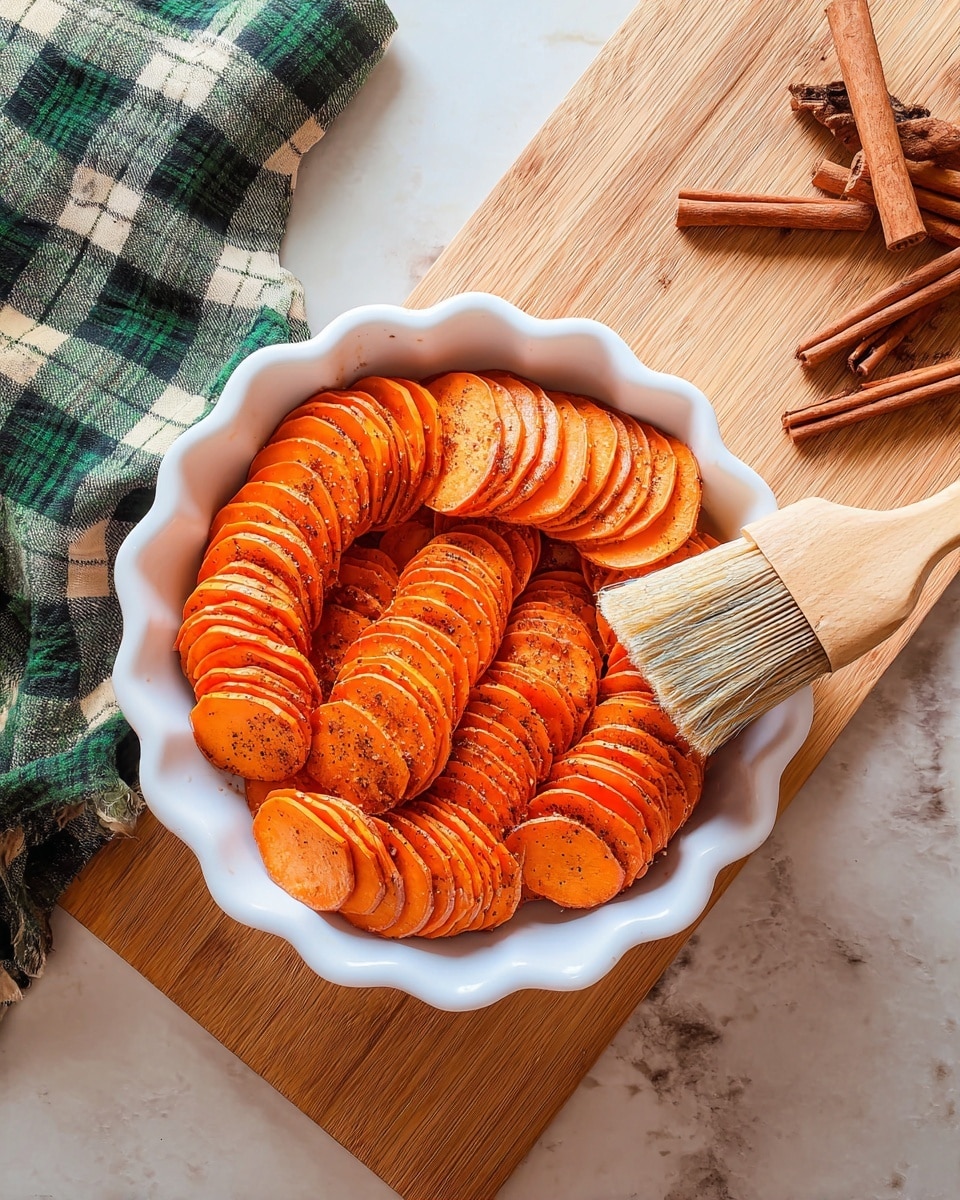 The image shows a white scalloped pie dish filled with four stacks of thin, round, orange sweet potato slices arranged vertically in rows, each slice slightly overlapping the next. The sweet potato layers have a light dusting of dark spices, giving a speckled look. A wooden brush with natural bristles is resting on the right side of the dish, with some spice on the bristles. The dish sits on a light wooden cutting board, which also holds cinnamon sticks at the top left. A green and white plaid cloth is placed to the left side of the cutting board. The whole scene is set on a white marbled textured surface with warm lighting. Photo taken with an iphone --ar 4:5 --v 7