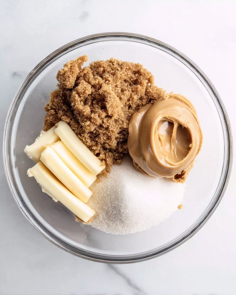A clear round glass bowl on a white marbled surface holds four separate ingredients in four sections. The top left section contains a light brown, crumbly pile of brown sugar with a coarse texture. The bottom left section has several small, pale yellow sticks of butter. The top right section features a smooth dollop of light brown peanut butter with some swirled texture on top. The bottom right section shows a mound of fine, white granulated sugar with a soft texture. The photo is taken with an iphone --ar 4:5 --v 7
