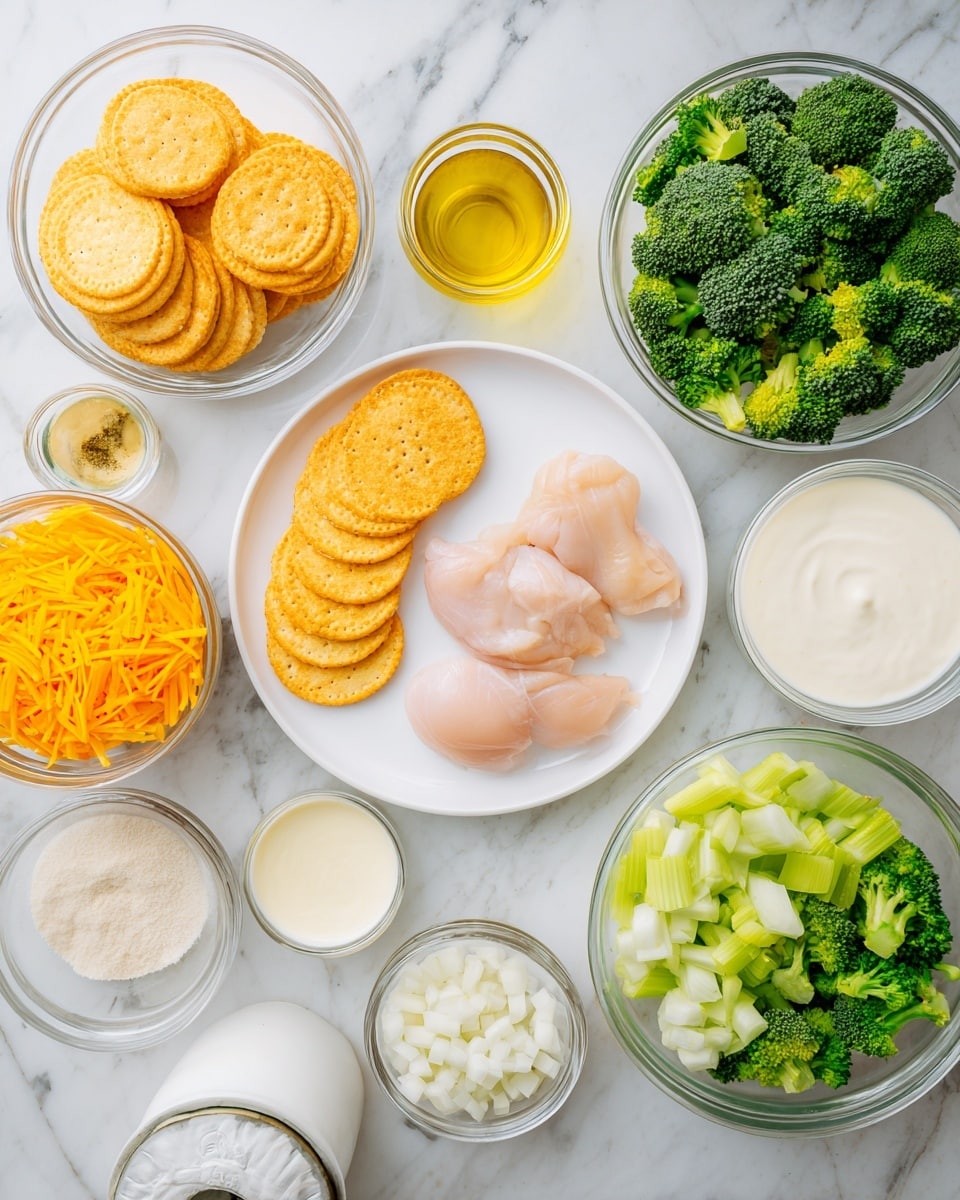 The image shows a white marbled surface with various clear glass bowls and a white plate arranged neatly. On the white plate, there are two raw light pink chicken pieces. Surrounding the plate are glass bowls holding vibrant green broccoli florets, bright orange shredded cheddar cheese, round golden brown crackers stacked flat, chopped pale green celery, and chopped white onions. There are also smaller bowls containing a creamy white sauce, a pale yellow thick sauce, a small amount of light yellow seasonings, clear olive oil, white milk, and white salt. The setting is clean and organized. Photo taken with an iphone --ar 4:5 --v 7