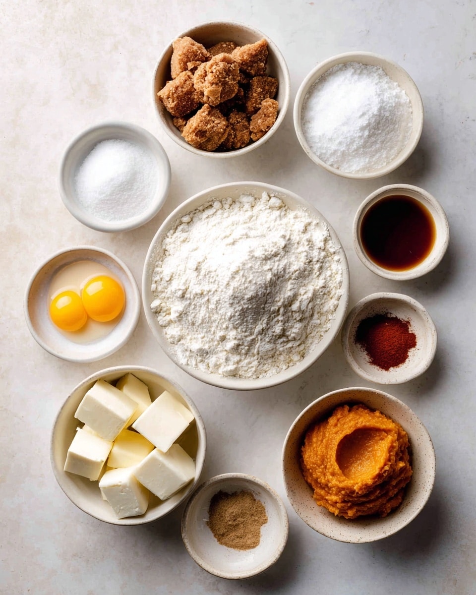 A white marbled surface holds nine small white bowls arranged loosely on it. In the middle, a large bowl is filled with a heap of white flour, soft and powdery. Above it and slightly to the left, a bowl contains coarse brown sugar clumps, rich and grainy. To the right, a bowl with fine white granulated sugar sits beside a small bowl with dark amber liquid, smooth and shiny. Below the sugar bowl, another small bowl holds two bright yellow egg yolks with smooth surfaces. On the bottom left, a bowl is filled with solid white butter cut into cubes. Nearby, a dish with white baking soda and powder mixed is visible, soft and powdery. Above the butter, a tiny bowl with reddish-brown spices and next to it, a white bowl with bright orange pumpkin puree with a mushy texture complete the scene. Photo taken with an iphone --ar 4:5 --v 7